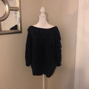 EUC 100% silk Navy blue blouse 3/4 length sleeve w/ ruffles